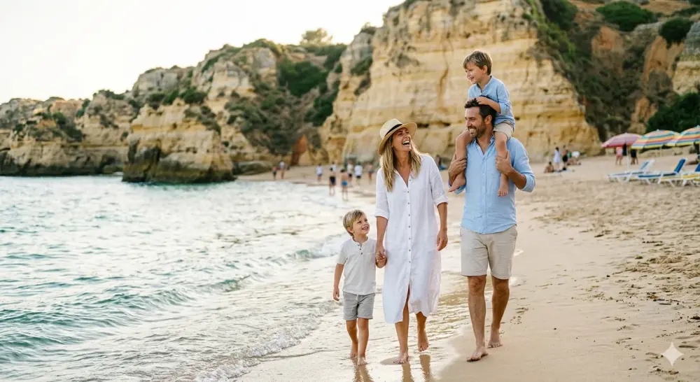Family vacation photoshoot on a golden Algarve beach in Portugal